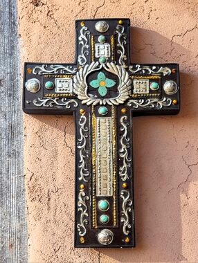 Southwest Pottery Cross Faux Turquoise, Silver and Gold Accents on Black